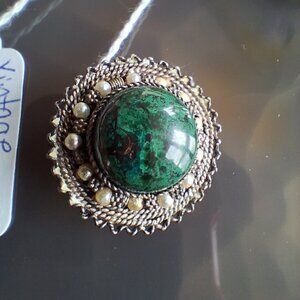 Vintage Sterling Silver Chrysocolla Stone Brooch Pendant Israel